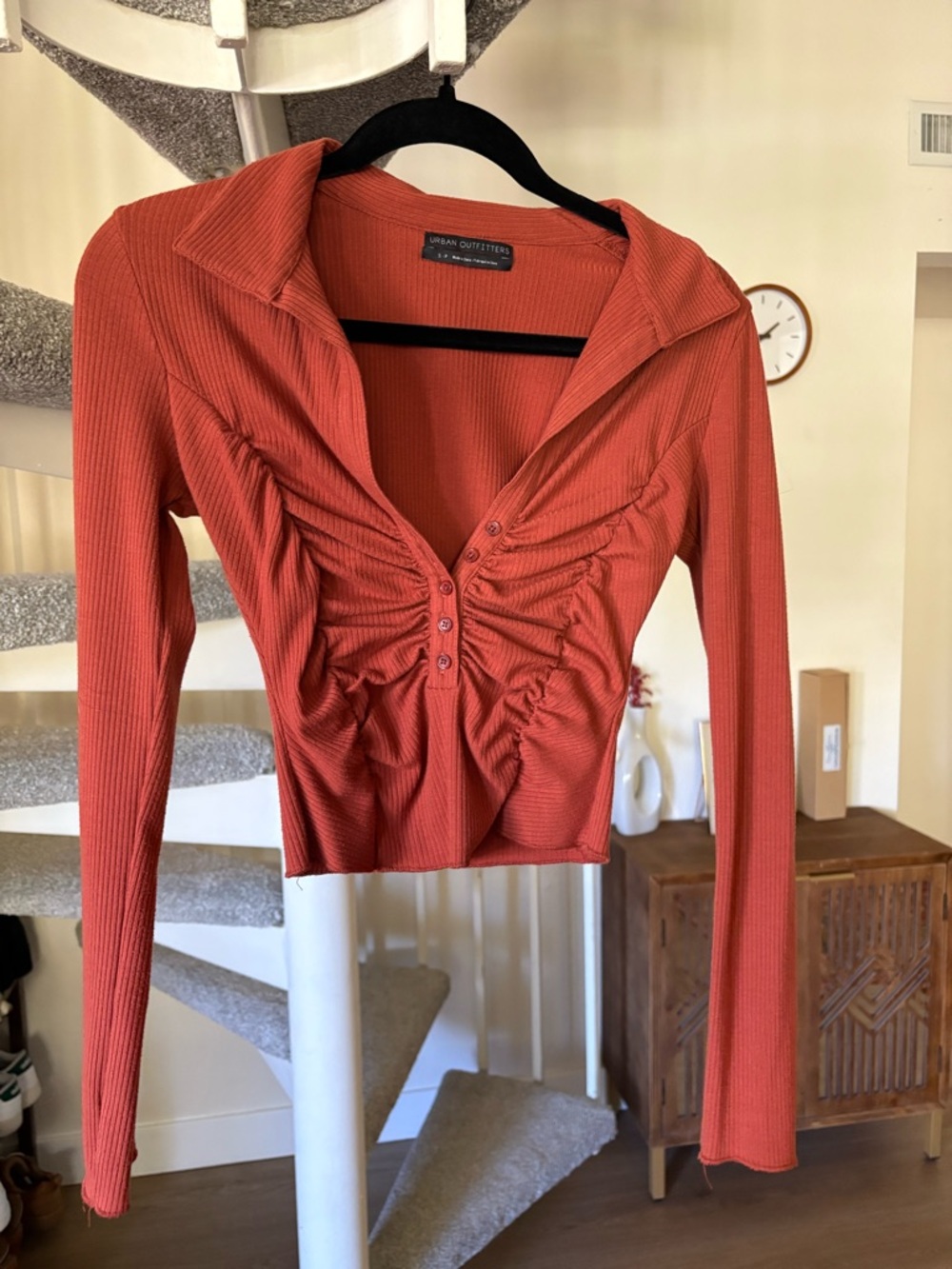 Urban Outfitters Rust Ruched Collared Long-Sleeve Top